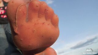 Jeans Toes Posing Into Worned Nylon Socks Public