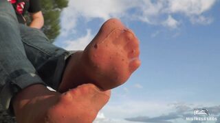 Jeans Toes Posing Into Worned Nylon Socks Public