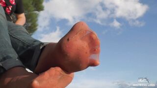 Jeans Toes Posing Into Worned Nylon Socks Public