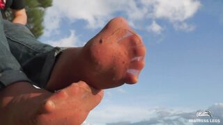 Jeans Toes Posing Into Worned Nylon Socks Public