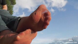 Jeans Toes Posing Into Worned Nylon Socks Public