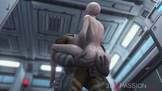 3d alien monster plays with a young woman inside the
