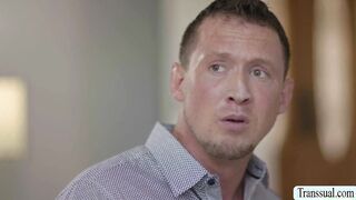 Blonde TS barebacks handsome dudes ass