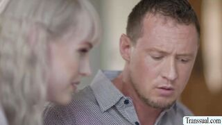 Blonde TS barebacks handsome dudes ass