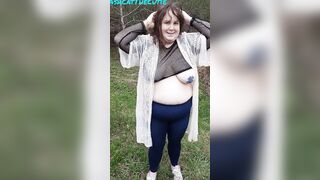 BBW bouncing fat melons inside the woods