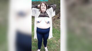 BBW bouncing fat melons inside the woods