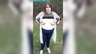 BBW bouncing fat melons inside the woods