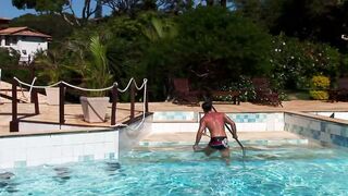 Leaving the pool, a blonde with open legs awaits you