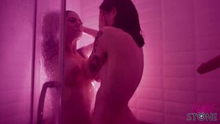 2 Italian lesbians shower together and suck my cock at