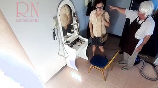 Camera inside naked barbershop. Hairdresser makes undress lady ho cut her hair. Barber, nudism. Web Cam two