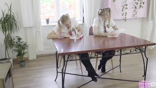 2 girls being STRIPED and FUCK during a Dictation -