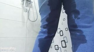 Pissing desperation wetting jeans