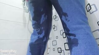 Pissing desperation wetting jeans