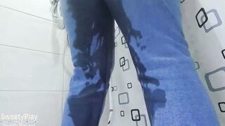 Pissing desperation wetting jeans
