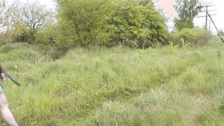 Nude into outside. milf pee on train tracks and putting on underwear near passing train. Golden Rain
