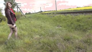 Nude into outside. milf pee on train tracks and putting on underwear near passing train. Golden Rain