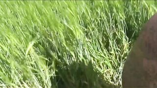 German slut of a tattooed cunt with mouth takes two cocks in a field