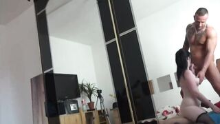 German long tit snatch with mouth takes two guys indoors, double facial