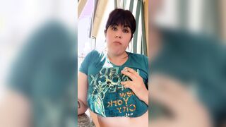 bimbos inside t-shirt smokes outdoor and play Beauty . Excited, she masturbates at home!