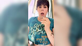 bimbos inside t-shirt smokes outdoor and play Beauty . Excited, she masturbates at home!