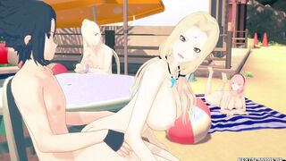 Sasuke Fucks Tsunada on the beach while the rest of the girls are sunbathing on the beach