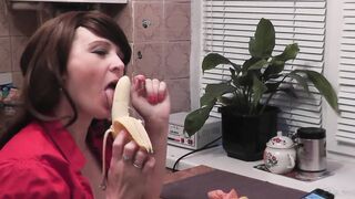 Good Mom into kitchen eats sweet fruits masturbates soak cunt gets strong orgasm vagina. Squirt