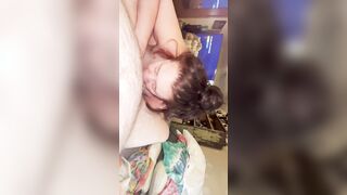 Chubby ex-wife blows her own long hooters then blows and massage hubby while talking kinky
