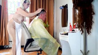 Do you want me to cut your hair? Stylist's client. Nude hairdresser. Nudism 24