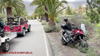 Motorcycle showing off, orgasm outdoor by the roadside