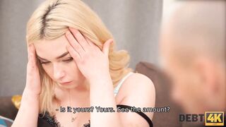 DEBT4k. Blonde drilled by collector after buying too many furniture
