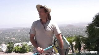 Smoking beauty Big Tit MILF Tempts Poolboy with a Sex Dildo in