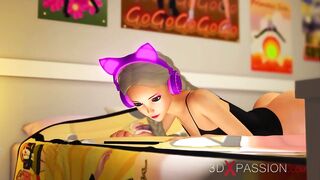 Cute teenage gamer bimbos with headphones gets fuck by a