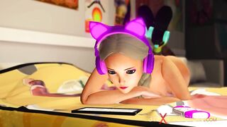 Cute teenage gamer bimbos with headphones gets fuck by a