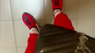 Shoes bondage Toes bdsm. A cunt with mouth jerks off a huge fat dick with her toes inside sneakers