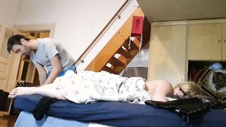 Pervert stepson jerking off to his Mother's toes secretly