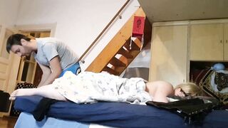 Pervert stepson jerking off to his Mother's toes secretly