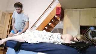 Pervert stepson jerking off to his Mother's toes secretly