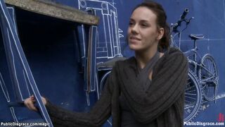 Brunette spanked and fucked in public