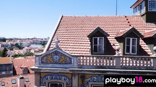 All natural latina stripping on balcony