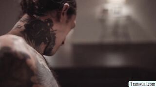Horny TS bareback fucked by tattooed bf