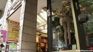 Nude tied blonde exposed into outdoor