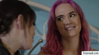 Shemale brunette fucks pink haired friend