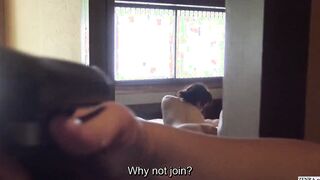 Bottomless Japanese new hire fingers while filming sex party