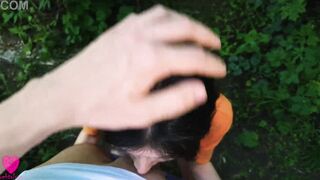 A hungry cunt with mouth on a walk into the forest took a dude inside the bushes so that he fed her with fresh sperm
