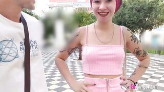 Slutty Spanish tourist licks dick inside the middle of Seville!