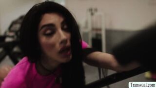 Bald dude licks and analed shemale goddess in the guym