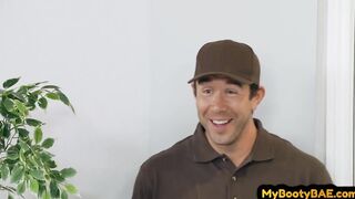 Deepthroating teens sexy duo enjoy FFM 3 way with postman