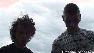 Older blonde granma blowing and rides outdoor