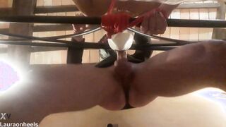 Laura is bound up to a bed and blows with passion a huge dick with lot of drooling