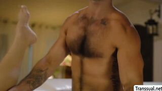 Horny TS fucks guy pool cleaners ass
